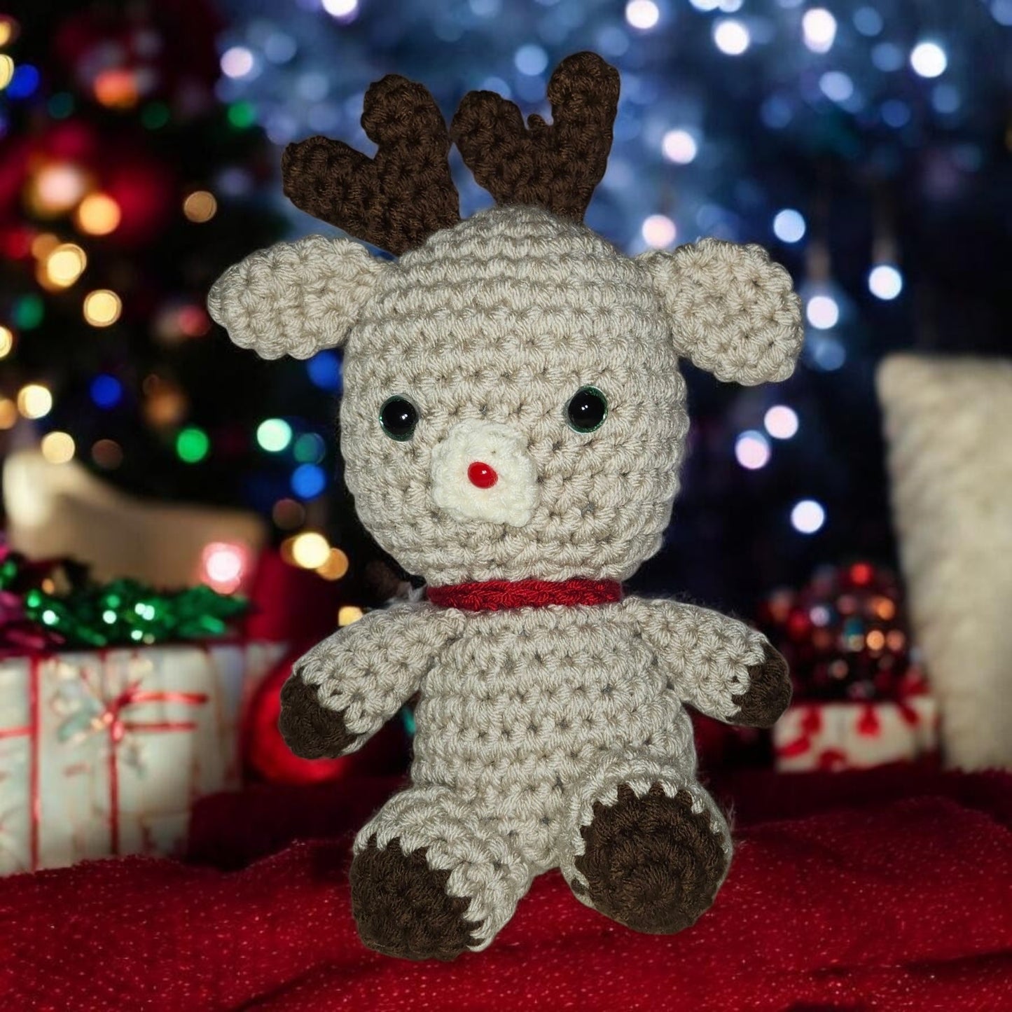 Crochet Sitting Reindeer with Scarf | Handmade Christmas Plushie