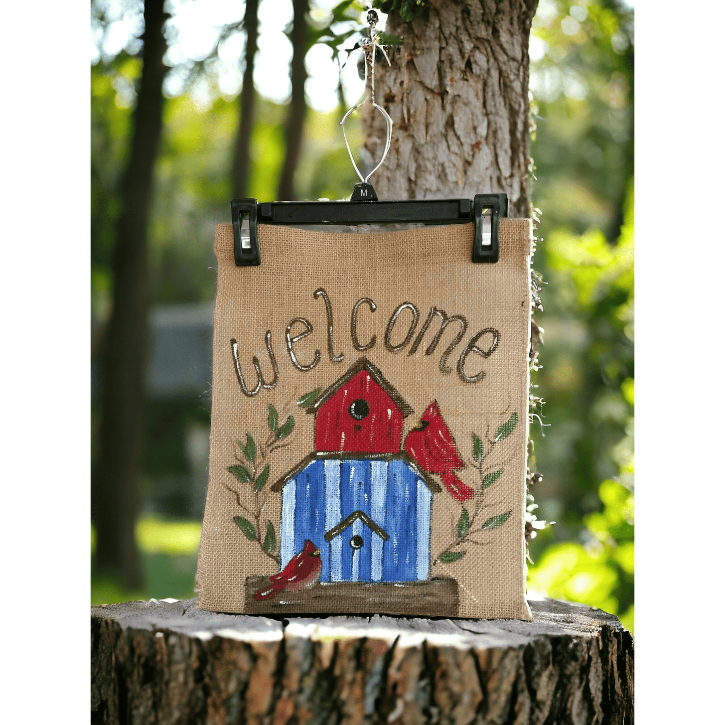Birdhouses on a Burlap Flag