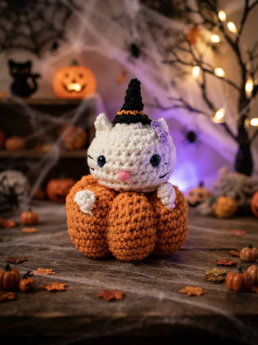 Crochet Kitty in Pumpkin Plushie | Halloween Witch Cat | Fall Amigurumi Gift