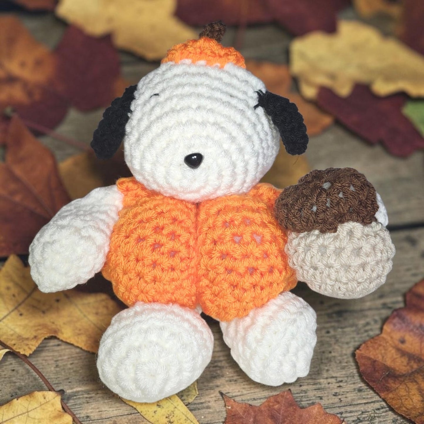 Crochet Snoopy in Pumpkin Costume Holding an Acorn | Handmade Fall Plushie