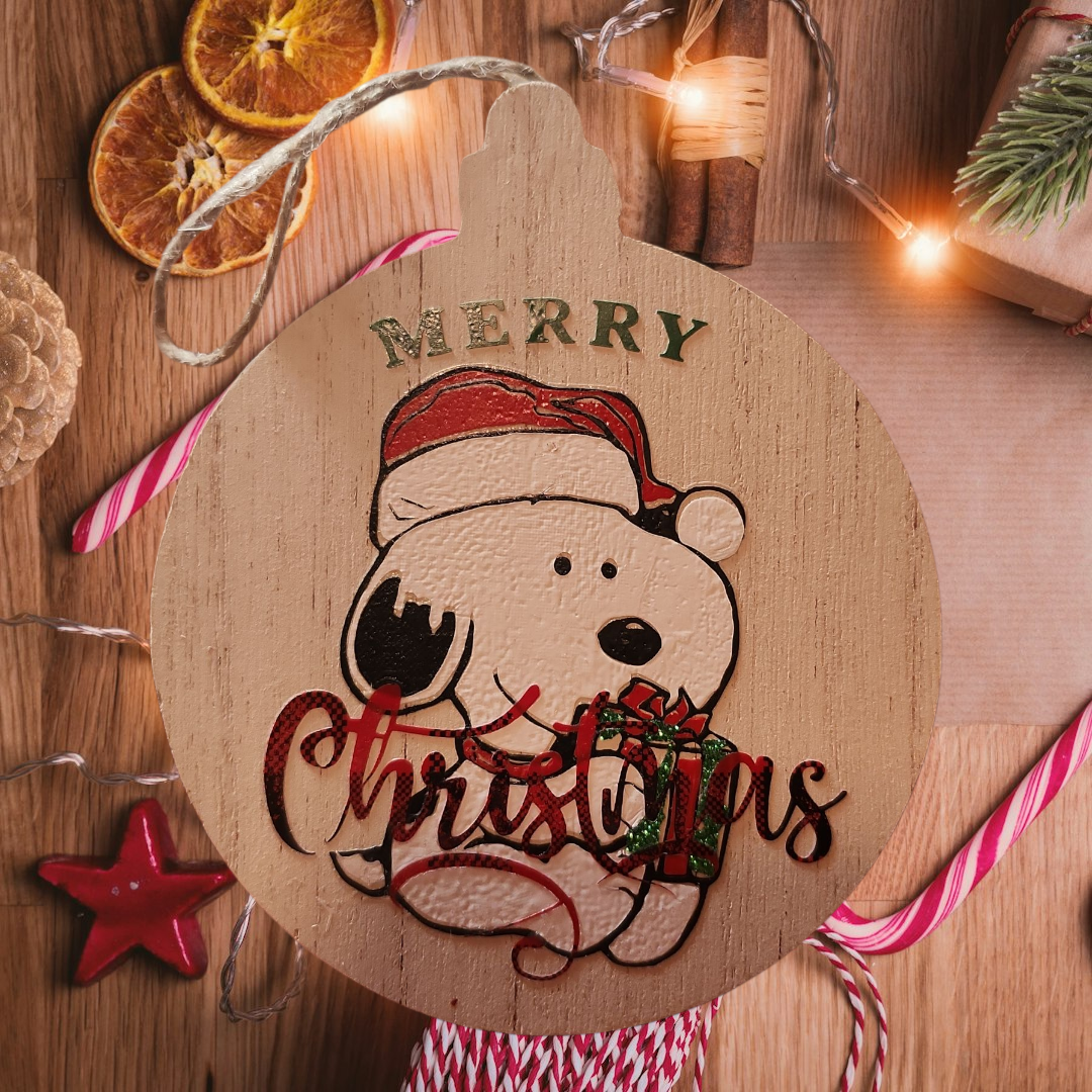 Handmade wooden Snoopy Christmas ornament, character holiday tree decoration