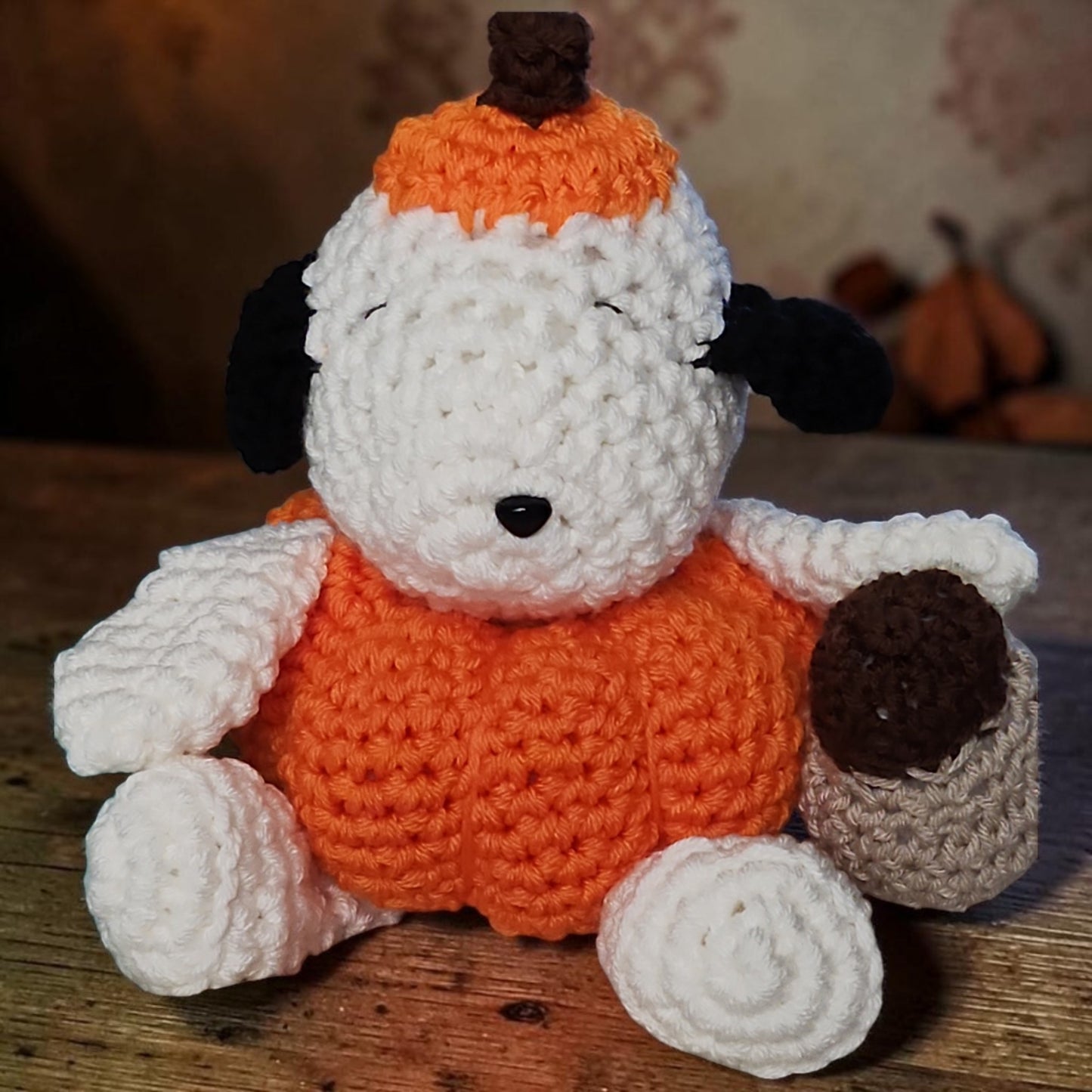 Crochet Snoopy in Pumpkin Costume Holding an Acorn | Handmade Fall Plushie