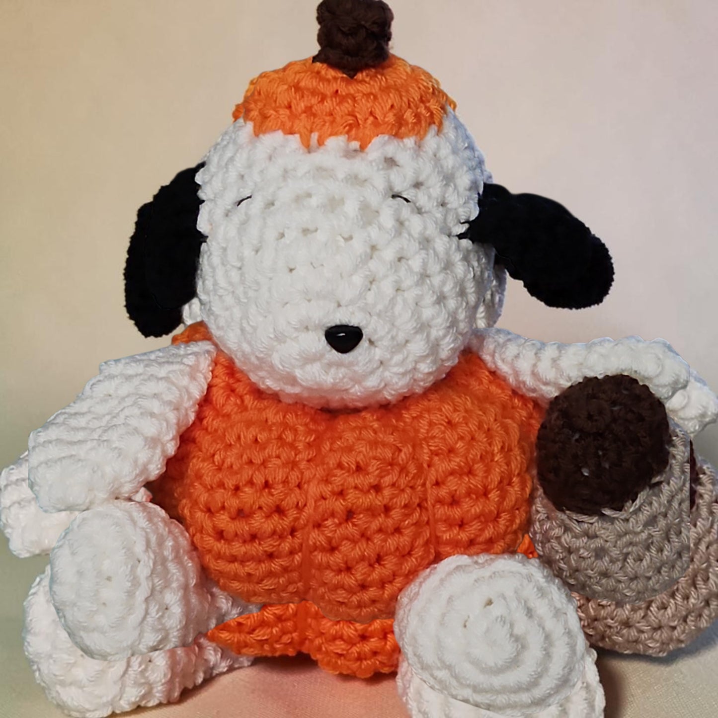 Crochet Snoopy in Pumpkin Costume Holding an Acorn | Handmade Fall Plushie
