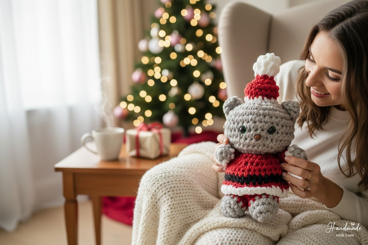 Crochet Christmas Bear Plushie | Handmade Teddy Bear | Holiday Gift