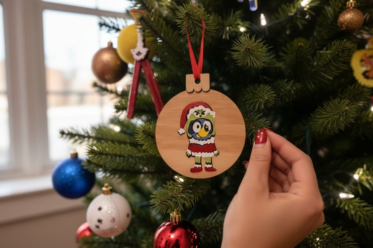 Bluey as the Grinch Wood Christmas Ornament | Character-Inspired Holiday Gift