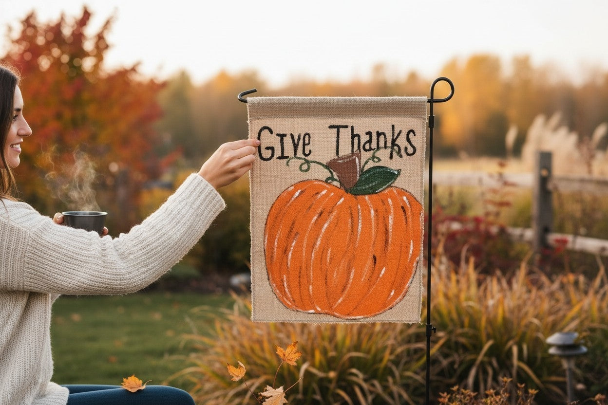Pumpkin "Give Thanks" Burlap Garden Flag | Hand-Painted Seasonal Décor