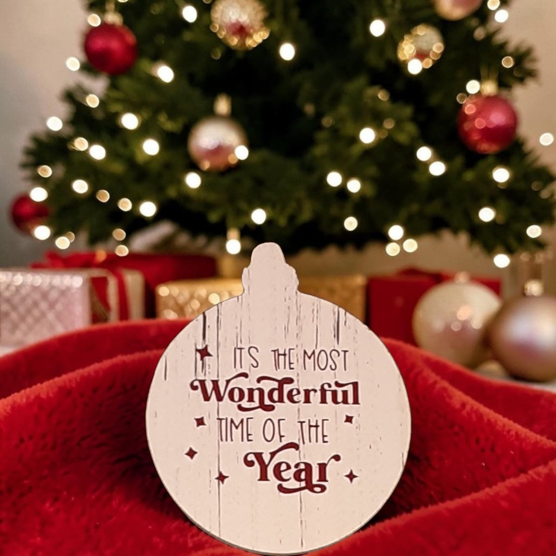 Most Wonderful Time of the Year wood Christmas ornament with colorful holiday decorations